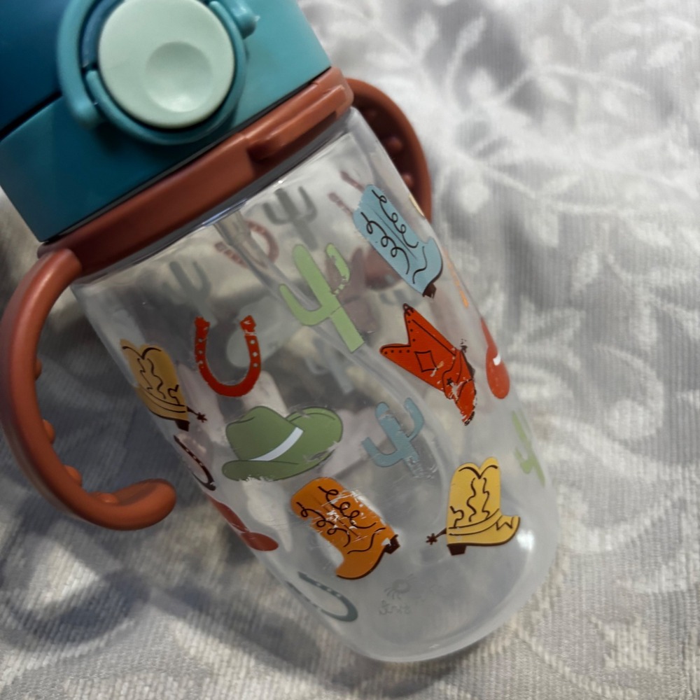 Itzy Ritzy Sippy Straw Cup Kids 9oz Blue Brown Excellent Western Cowboy Print